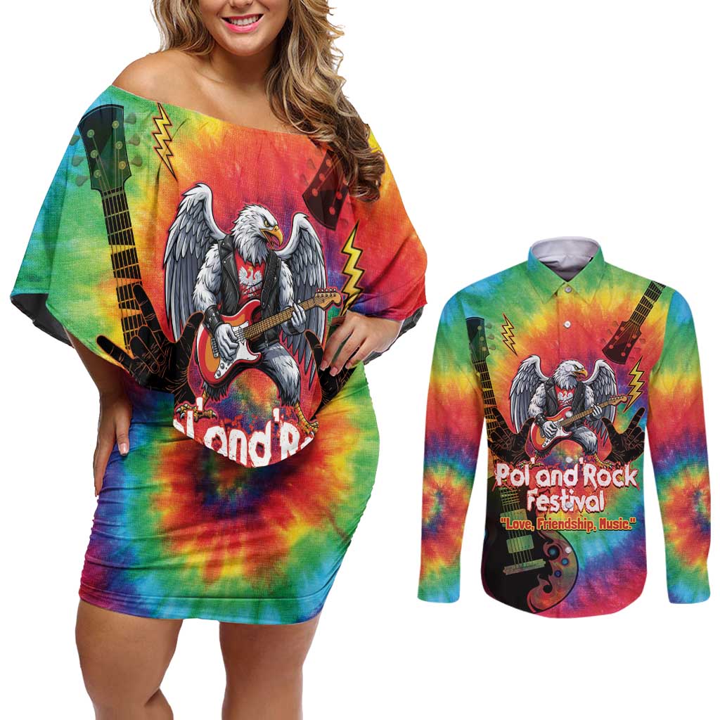 Rock Festival Poland Couples Matching Off Shoulder Short Dress and Long Sleeve Button Shirt Polska Eagle Mascot Tie Dye Vibes - Wonder Print Shop