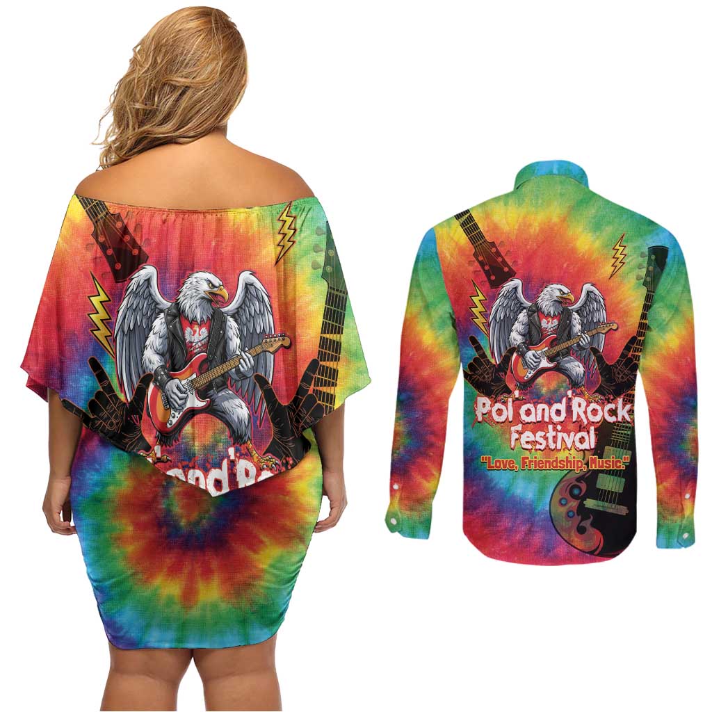 Rock Festival Poland Couples Matching Off Shoulder Short Dress and Long Sleeve Button Shirt Polska Eagle Mascot Tie Dye Vibes - Wonder Print Shop