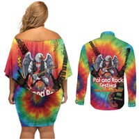 Rock Festival Poland Couples Matching Off Shoulder Short Dress and Long Sleeve Button Shirt Polska Eagle Mascot Tie Dye Vibes - Wonder Print Shop