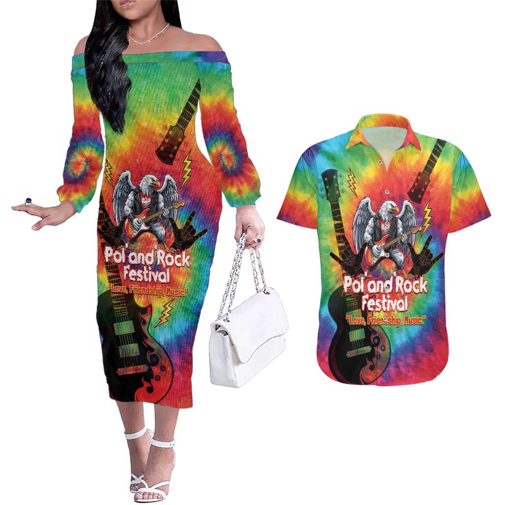 Rock Festival Poland Couples Matching Off The Shoulder Long Sleeve Dress and Hawaiian Shirt Polska Eagle Mascot Tie Dye Vibes - Wonder Print Shop