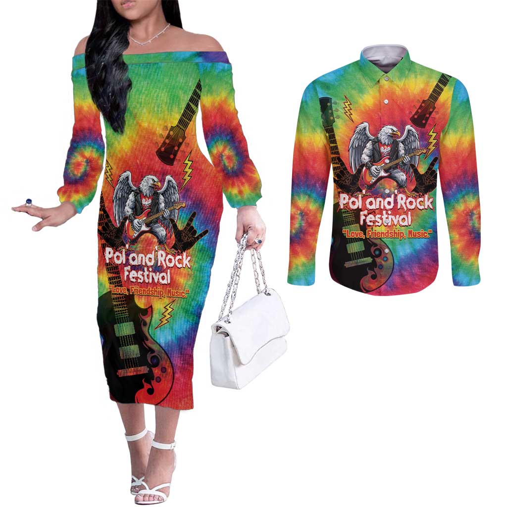 Rock Festival Poland Couples Matching Off The Shoulder Long Sleeve Dress and Long Sleeve Button Shirt Polska Eagle Mascot Tie Dye Vibes - Wonder Print Shop