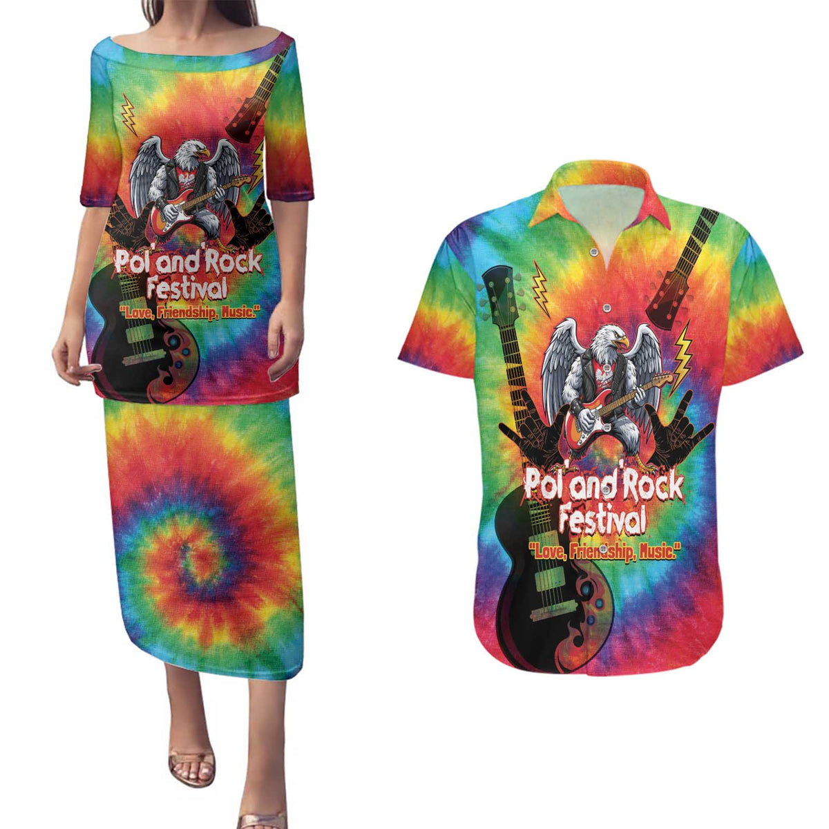 Rock Festival Poland Couples Matching Puletasi and Hawaiian Shirt Polska Eagle Mascot Tie Dye Vibes - Wonder Print Shop