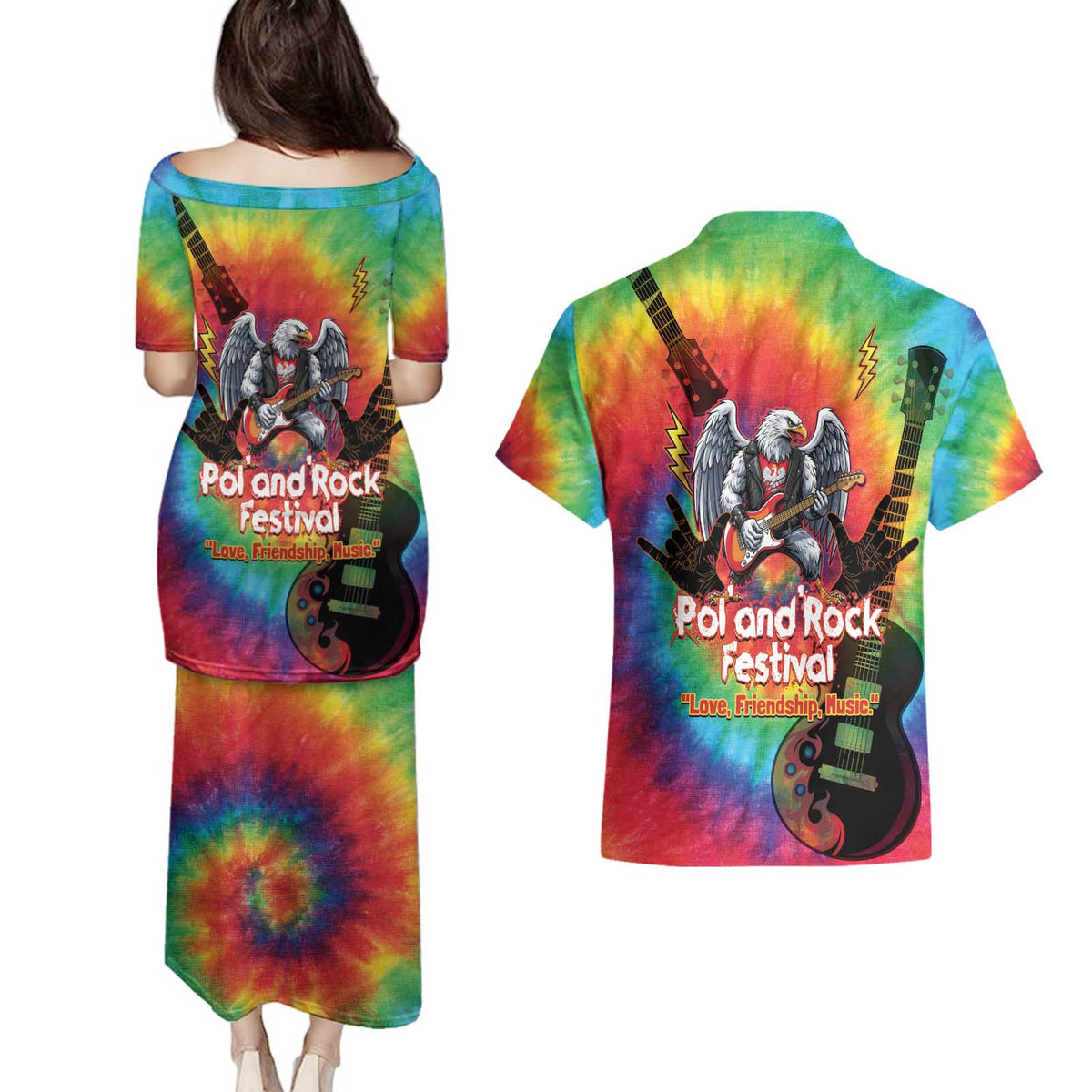 Rock Festival Poland Couples Matching Puletasi and Hawaiian Shirt Polska Eagle Mascot Tie Dye Vibes - Wonder Print Shop