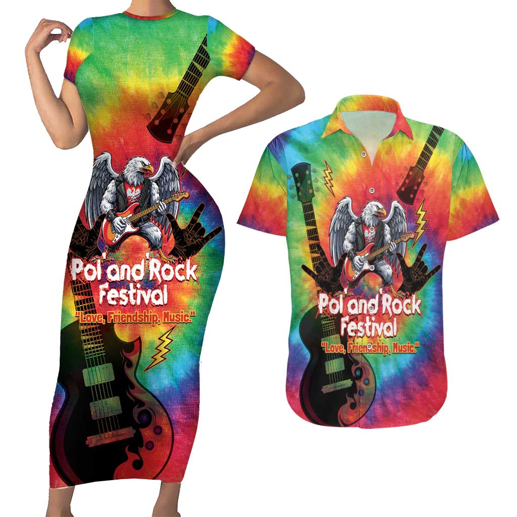 Rock Festival Poland Couples Matching Short Sleeve Bodycon Dress and Hawaiian Shirt Polska Eagle Mascot Tie Dye Vibes - Wonder Print Shop
