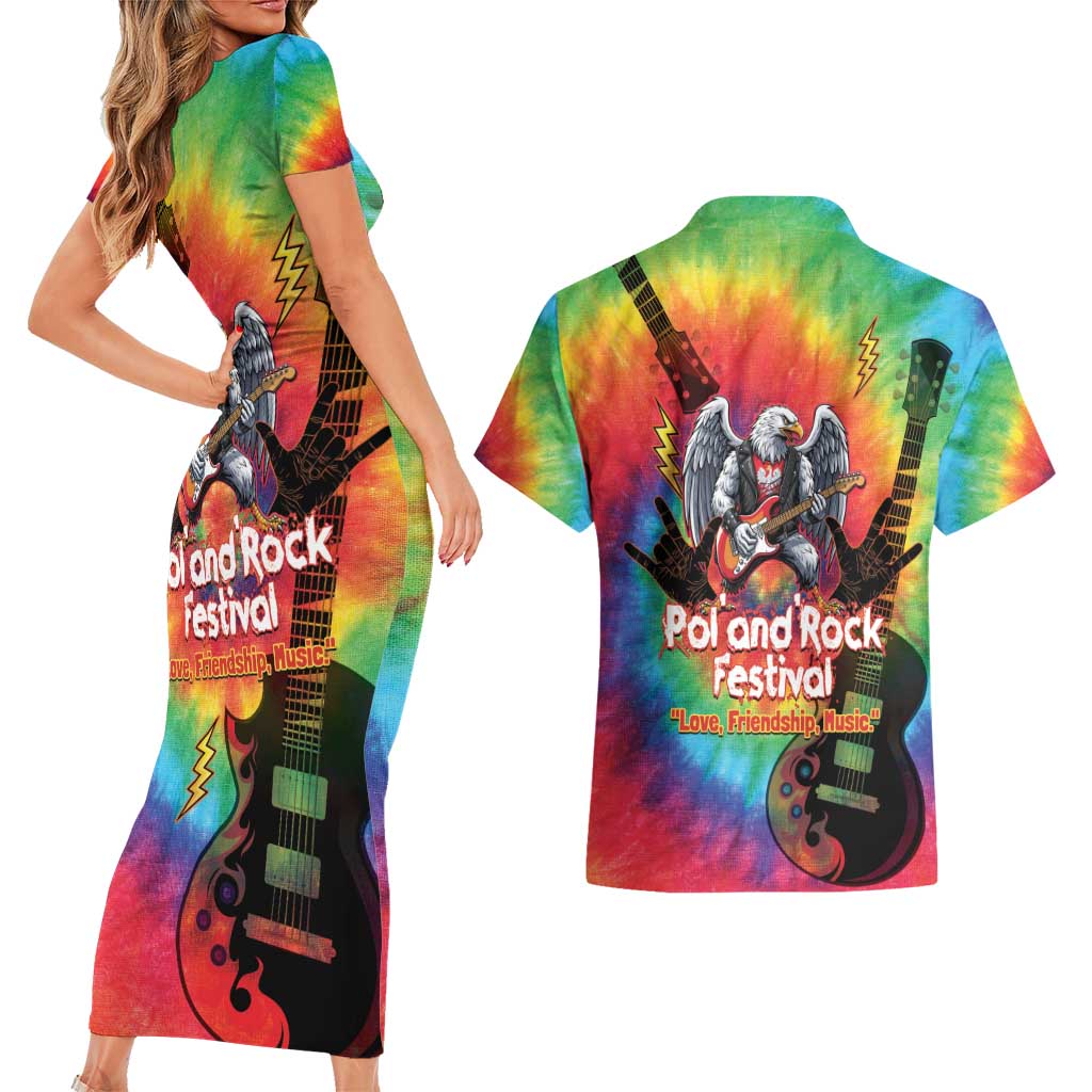 Rock Festival Poland Couples Matching Short Sleeve Bodycon Dress and Hawaiian Shirt Polska Eagle Mascot Tie Dye Vibes - Wonder Print Shop
