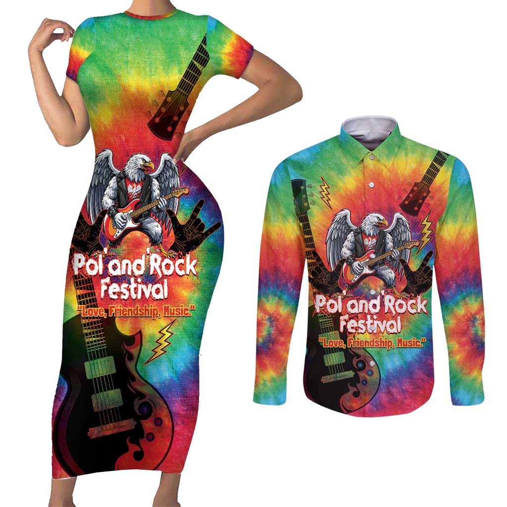 Rock Festival Poland Couples Matching Short Sleeve Bodycon Dress and Long Sleeve Button Shirt Polska Eagle Mascot Tie Dye Vibes - Wonder Print Shop