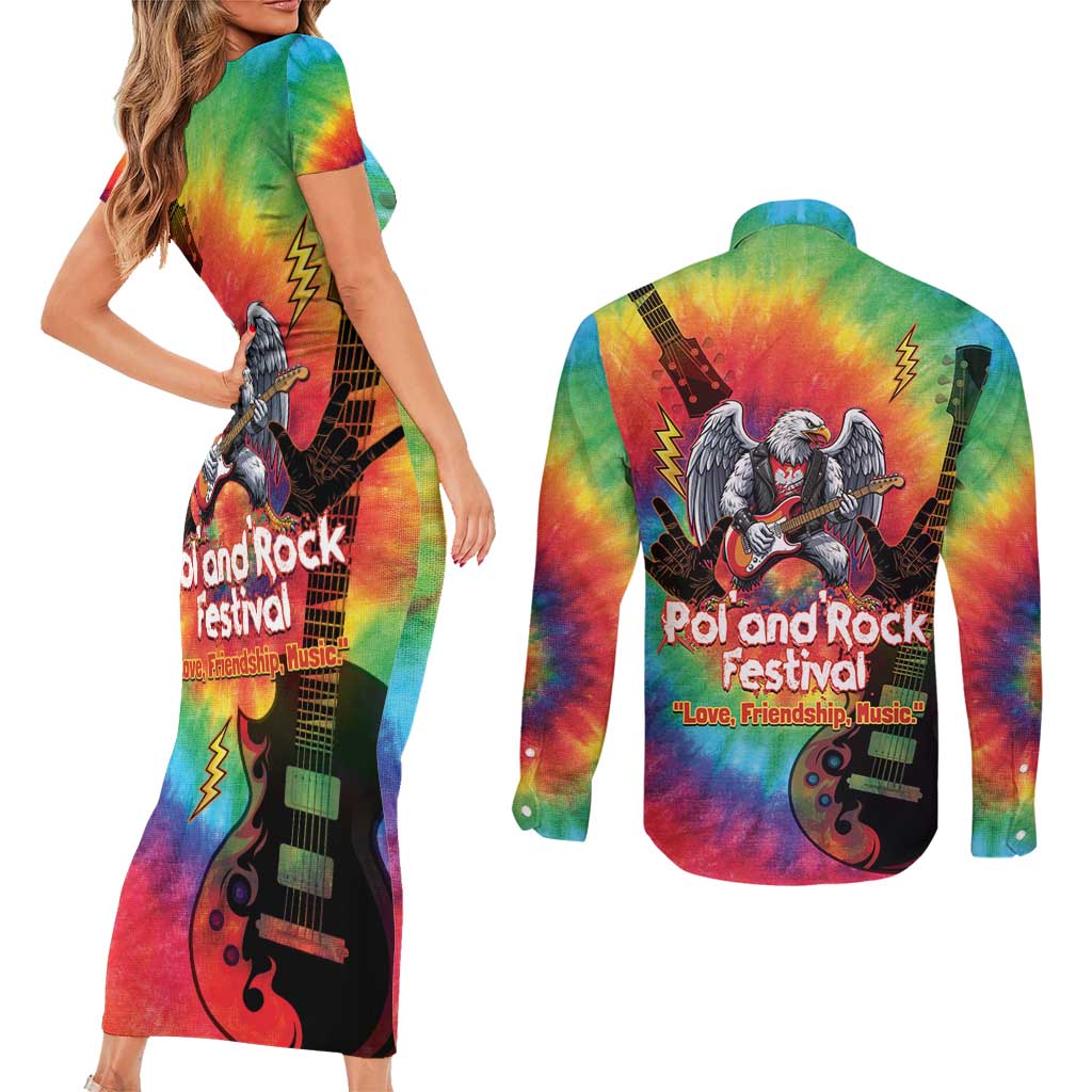 Rock Festival Poland Couples Matching Short Sleeve Bodycon Dress and Long Sleeve Button Shirt Polska Eagle Mascot Tie Dye Vibes - Wonder Print Shop