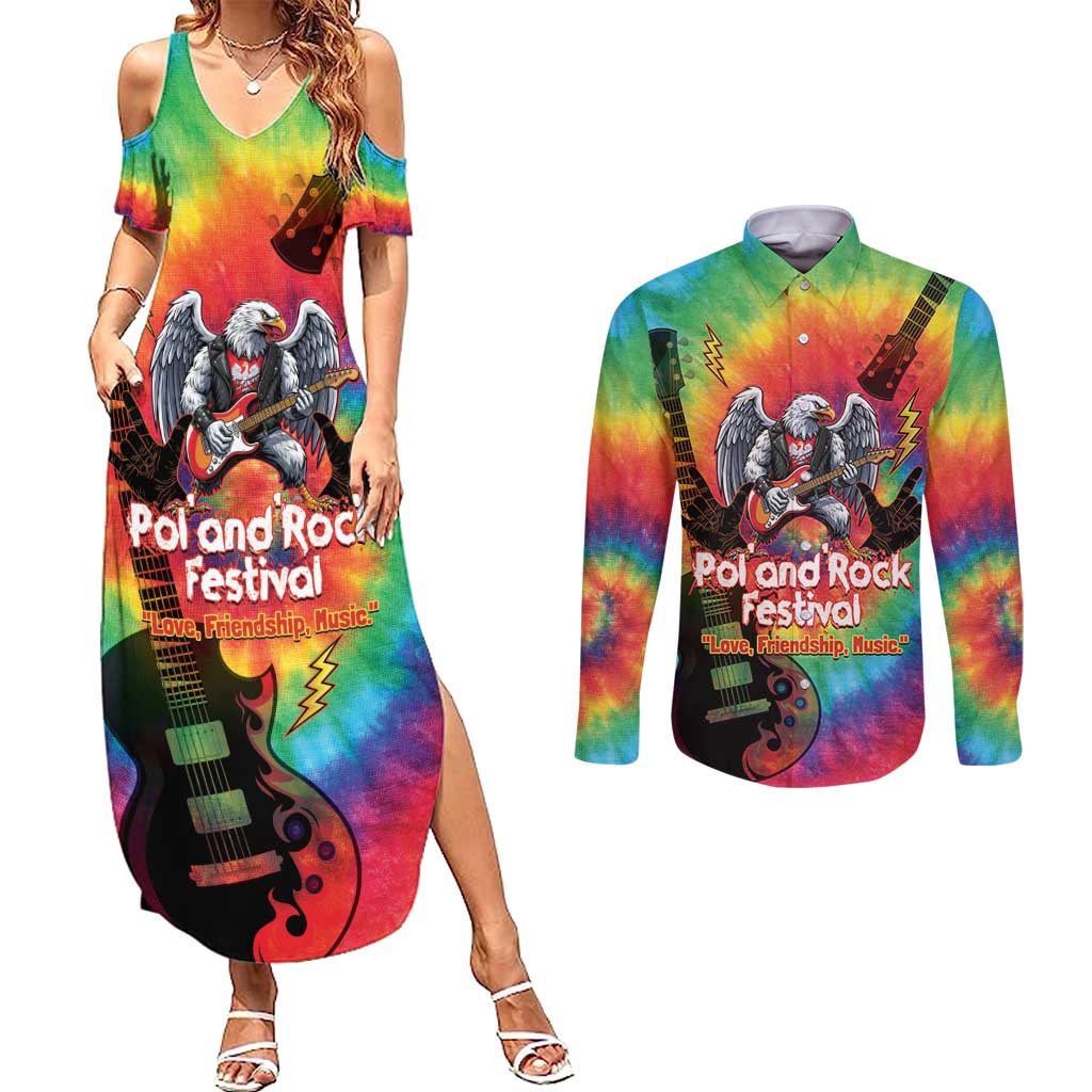 Rock Festival Poland Couples Matching Summer Maxi Dress and Long Sleeve Button Shirt Polska Eagle Mascot Tie Dye Vibes - Wonder Print Shop
