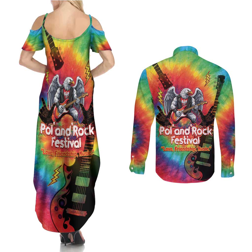 Rock Festival Poland Couples Matching Summer Maxi Dress and Long Sleeve Button Shirt Polska Eagle Mascot Tie Dye Vibes - Wonder Print Shop