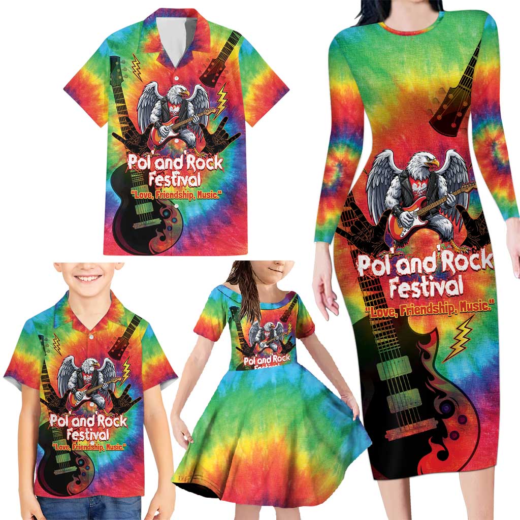 Rock Festival Poland Family Matching Long Sleeve Bodycon Dress and Hawaiian Shirt Polska Eagle Mascot Tie Dye Vibes - Wonder Print Shop