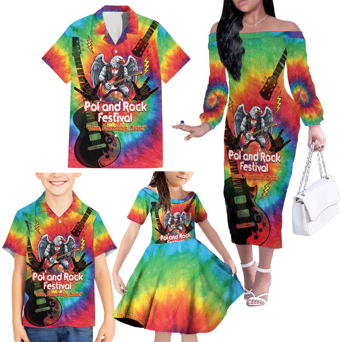 Rock Festival Poland Family Matching Off The Shoulder Long Sleeve Dress and Hawaiian Shirt Polska Eagle Mascot Tie Dye Vibes - Wonder Print Shop