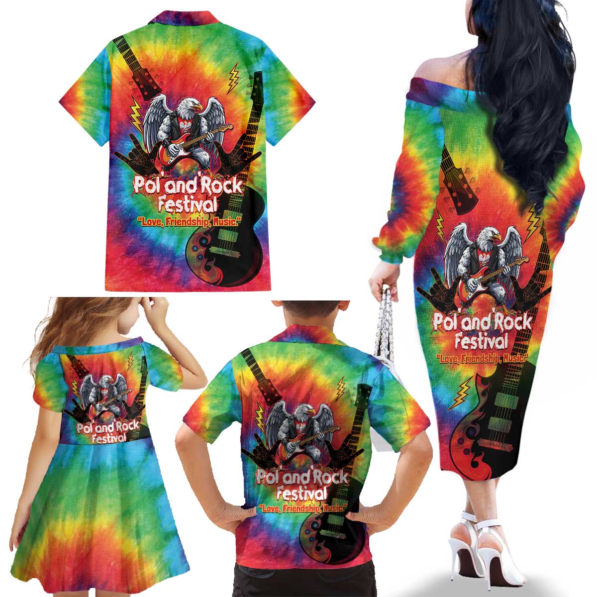 Rock Festival Poland Family Matching Off The Shoulder Long Sleeve Dress and Hawaiian Shirt Polska Eagle Mascot Tie Dye Vibes - Wonder Print Shop