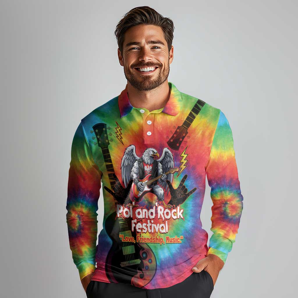 Rock Festival Poland Long Sleeve Polo Shirt Polska Eagle Mascot Tie Dye Vibes - Wonder Print Shop