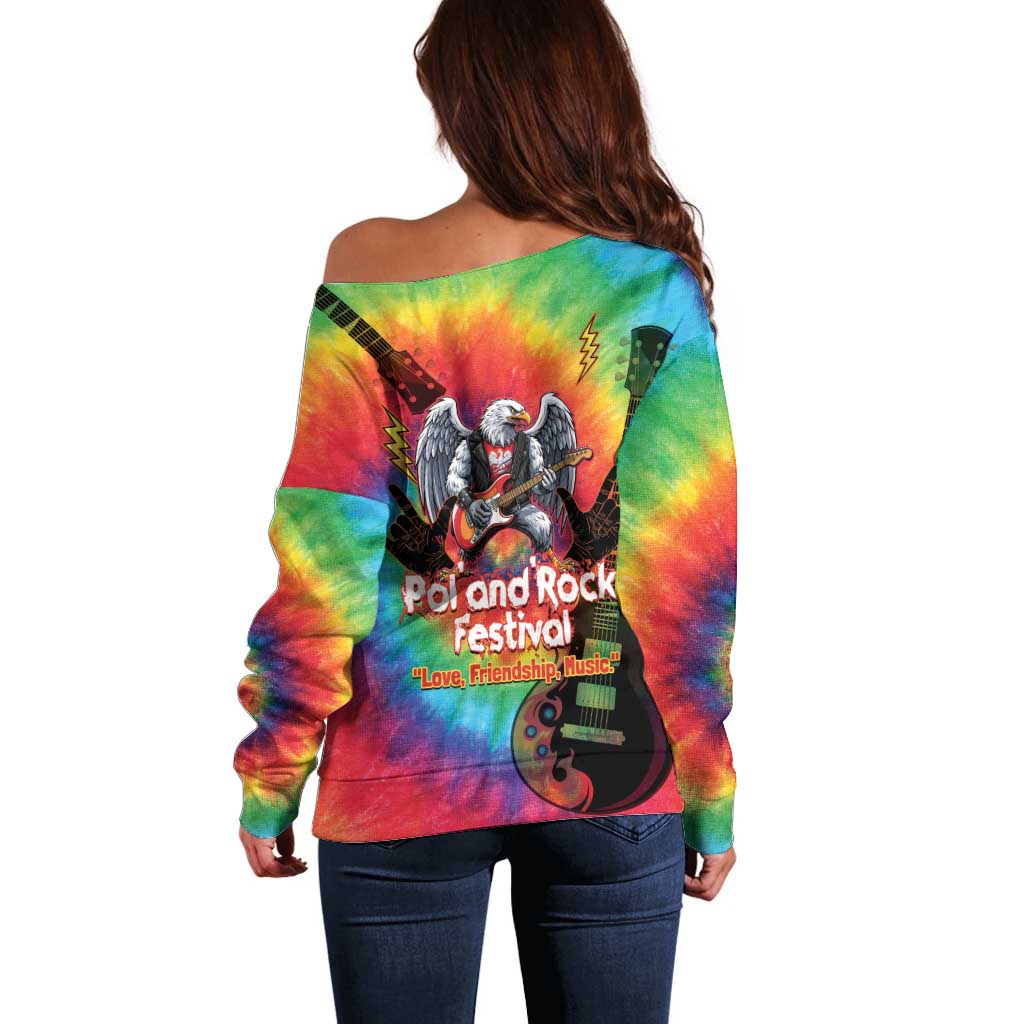 Rock Festival Poland Off Shoulder Sweater Polska Eagle Mascot Tie Dye Vibes - Wonder Print Shop