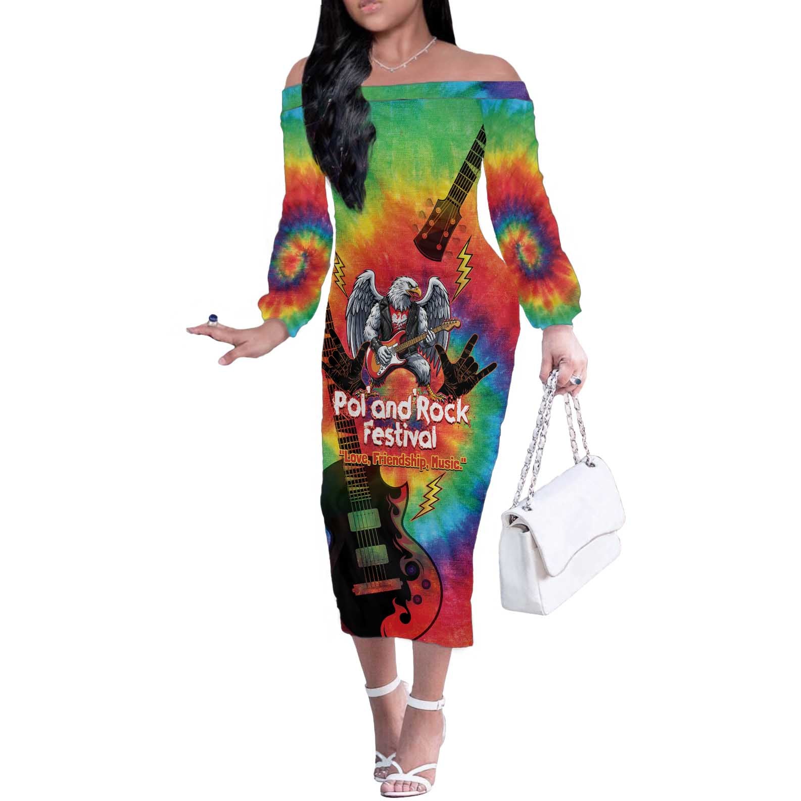 Rock Festival Poland Off The Shoulder Long Sleeve Dress Polska Eagle Mascot Tie Dye Vibes - Wonder Print Shop