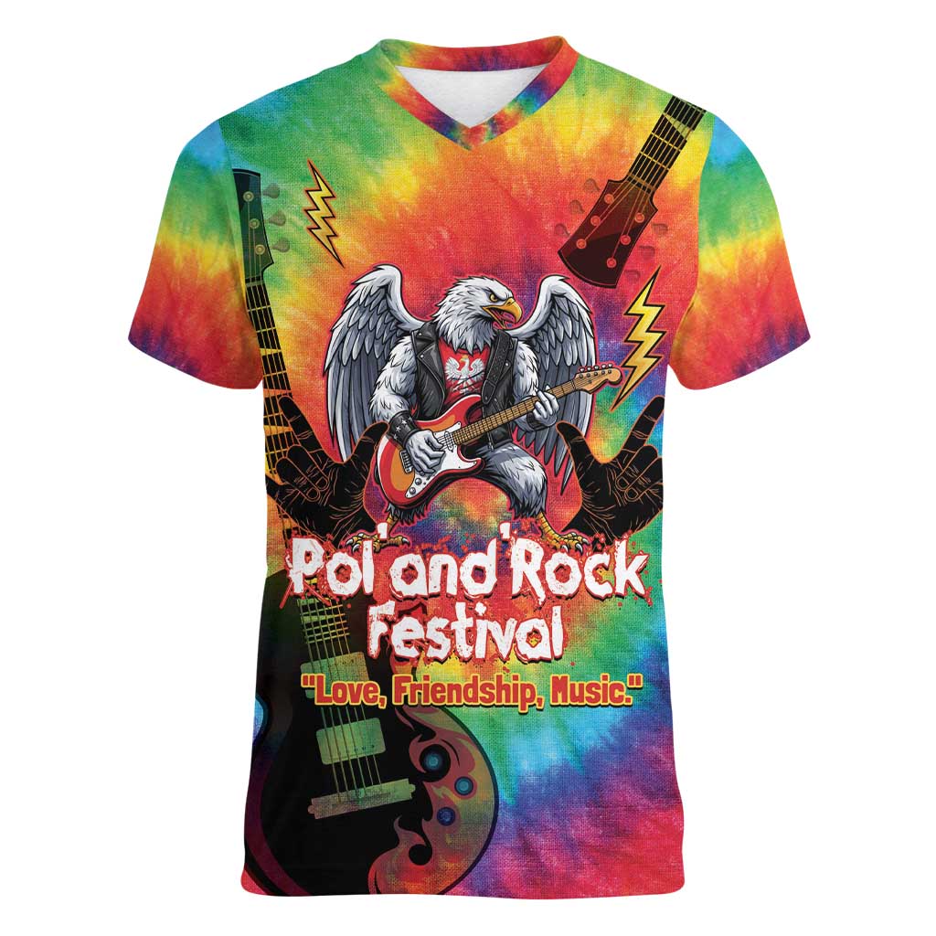 Rock Festival Poland Women V-Neck T-Shirt Polska Eagle Mascot Tie Dye Vibes - Wonder Print Shop