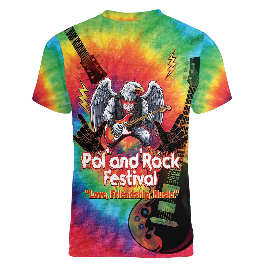 Rock Festival Poland Women V-Neck T-Shirt Polska Eagle Mascot Tie Dye Vibes - Wonder Print Shop