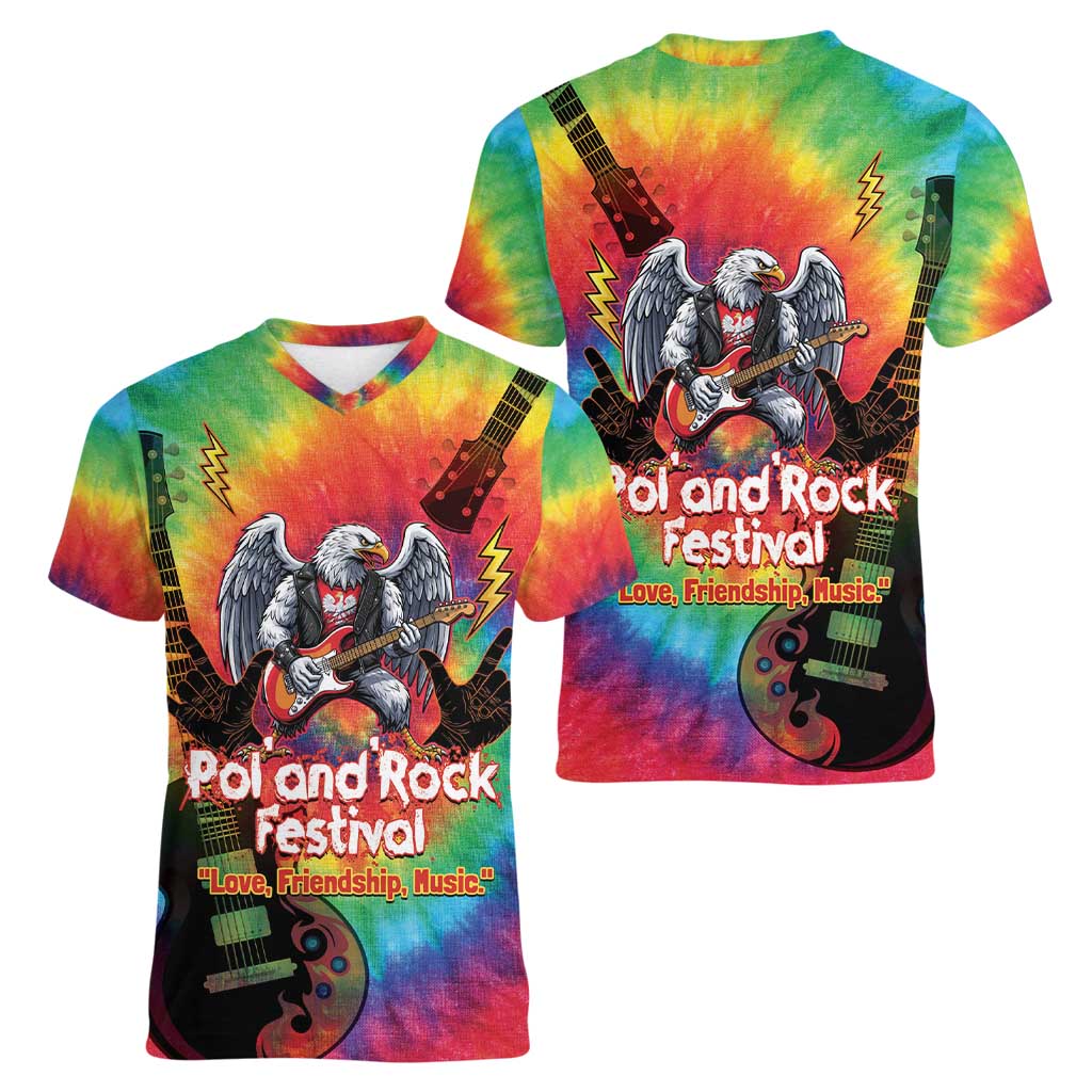 Rock Festival Poland Women V-Neck T-Shirt Polska Eagle Mascot Tie Dye Vibes - Wonder Print Shop