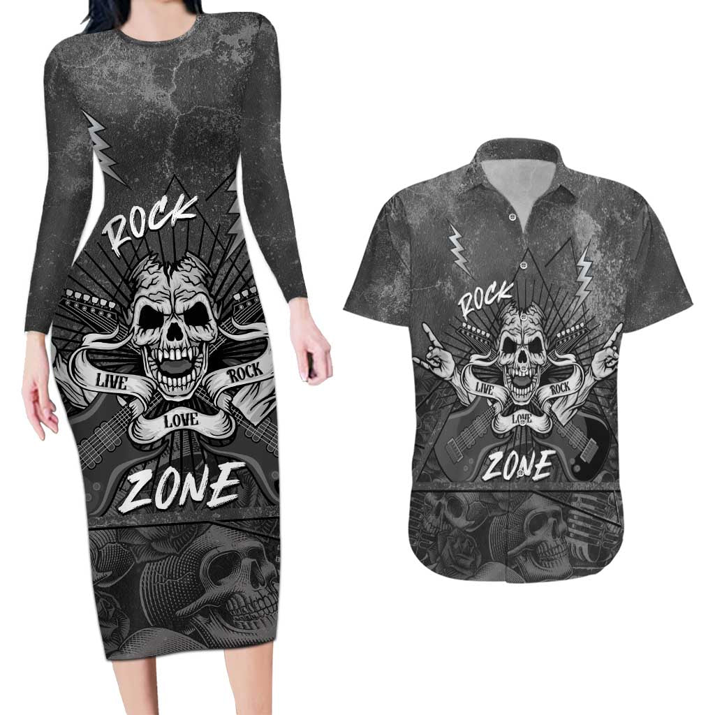 Live Love Rock Skull Couples Matching Long Sleeve Bodycon Dress and Hawaiian Shirt Retro Grunge Style - Wonder Print Shop