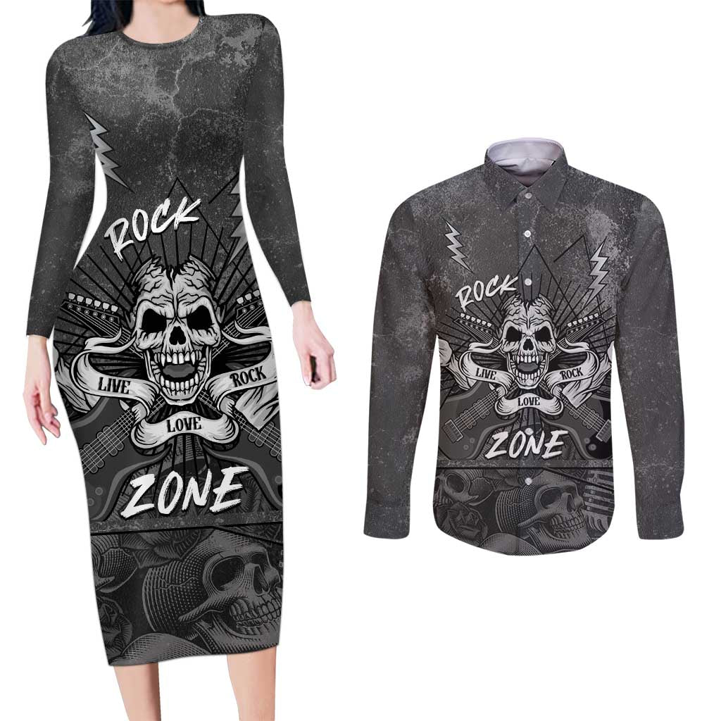 Live Love Rock Skull Couples Matching Long Sleeve Bodycon Dress and Long Sleeve Button Shirt Retro Grunge Style - Wonder Print Shop