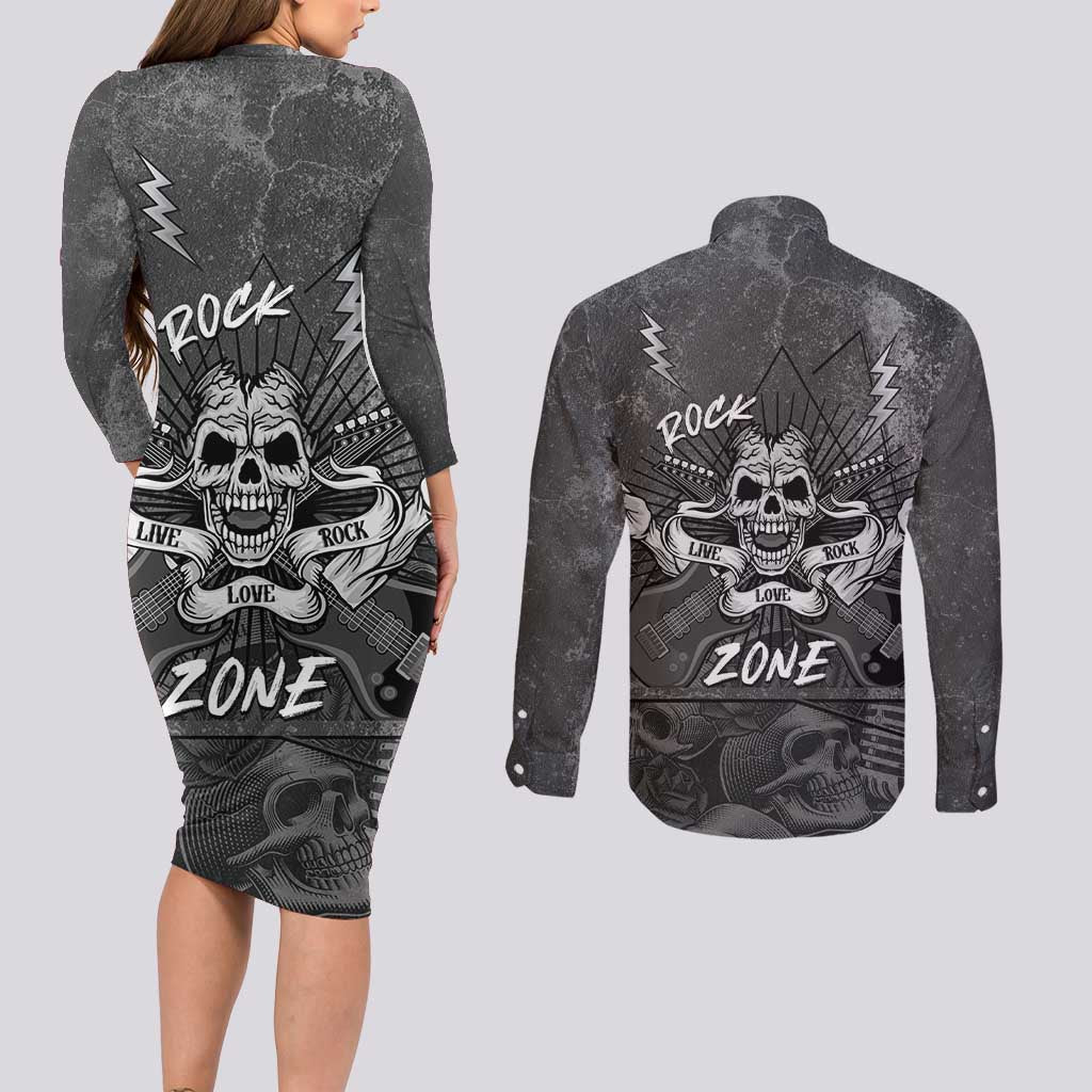 Live Love Rock Skull Couples Matching Long Sleeve Bodycon Dress and Long Sleeve Button Shirt Retro Grunge Style - Wonder Print Shop