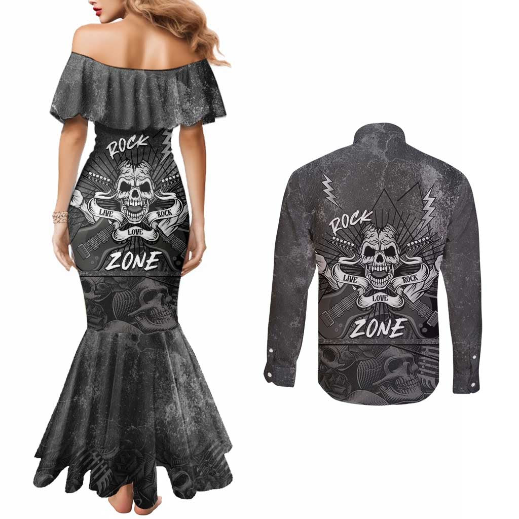 Live Love Rock Skull Couples Matching Mermaid Dress and Long Sleeve Button Shirt Retro Grunge Style - Wonder Print Shop