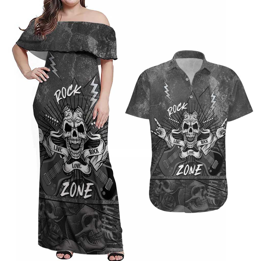 Live Love Rock Skull Couples Matching Off Shoulder Maxi Dress and Hawaiian Shirt Retro Grunge Style - Wonder Print Shop