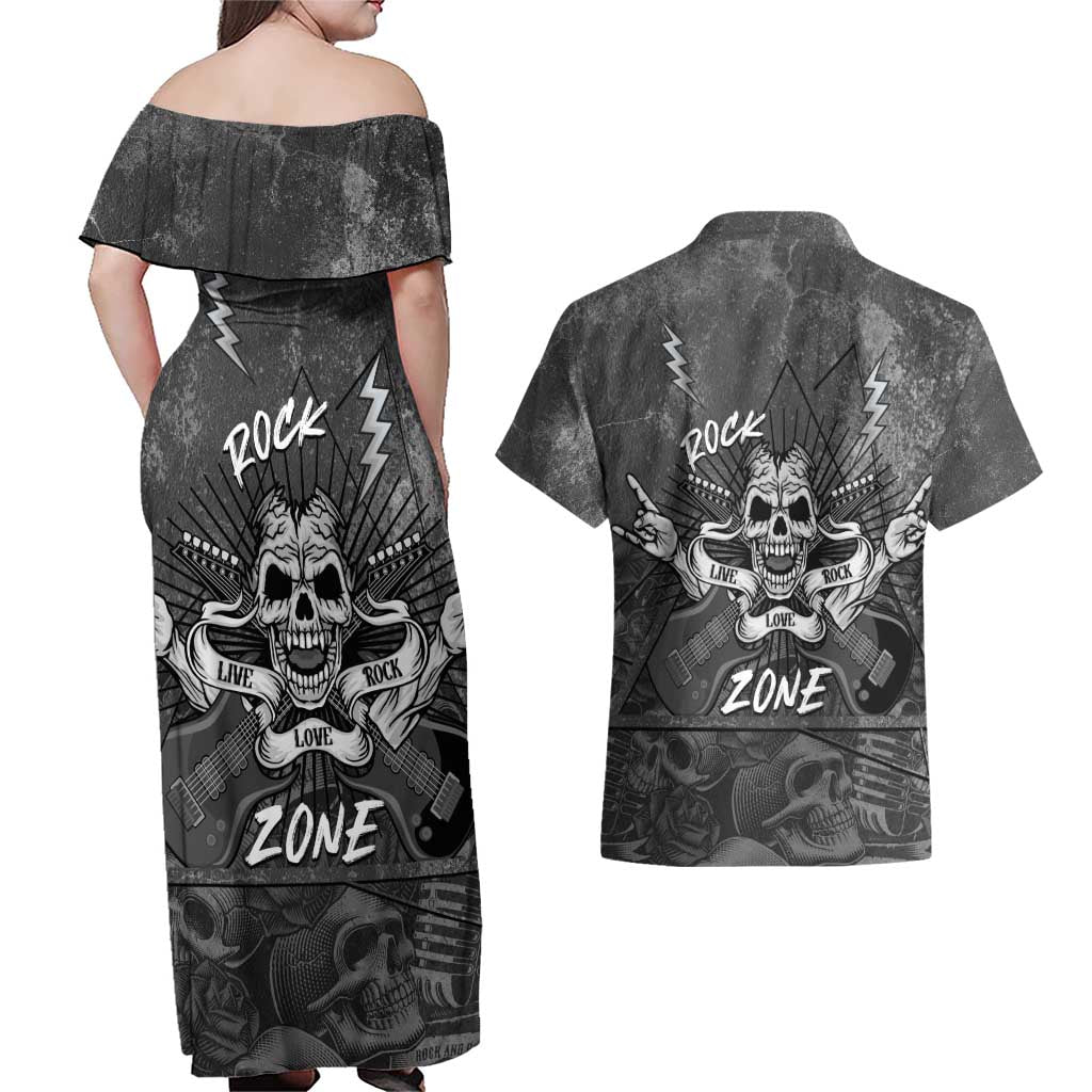 Live Love Rock Skull Couples Matching Off Shoulder Maxi Dress and Hawaiian Shirt Retro Grunge Style - Wonder Print Shop