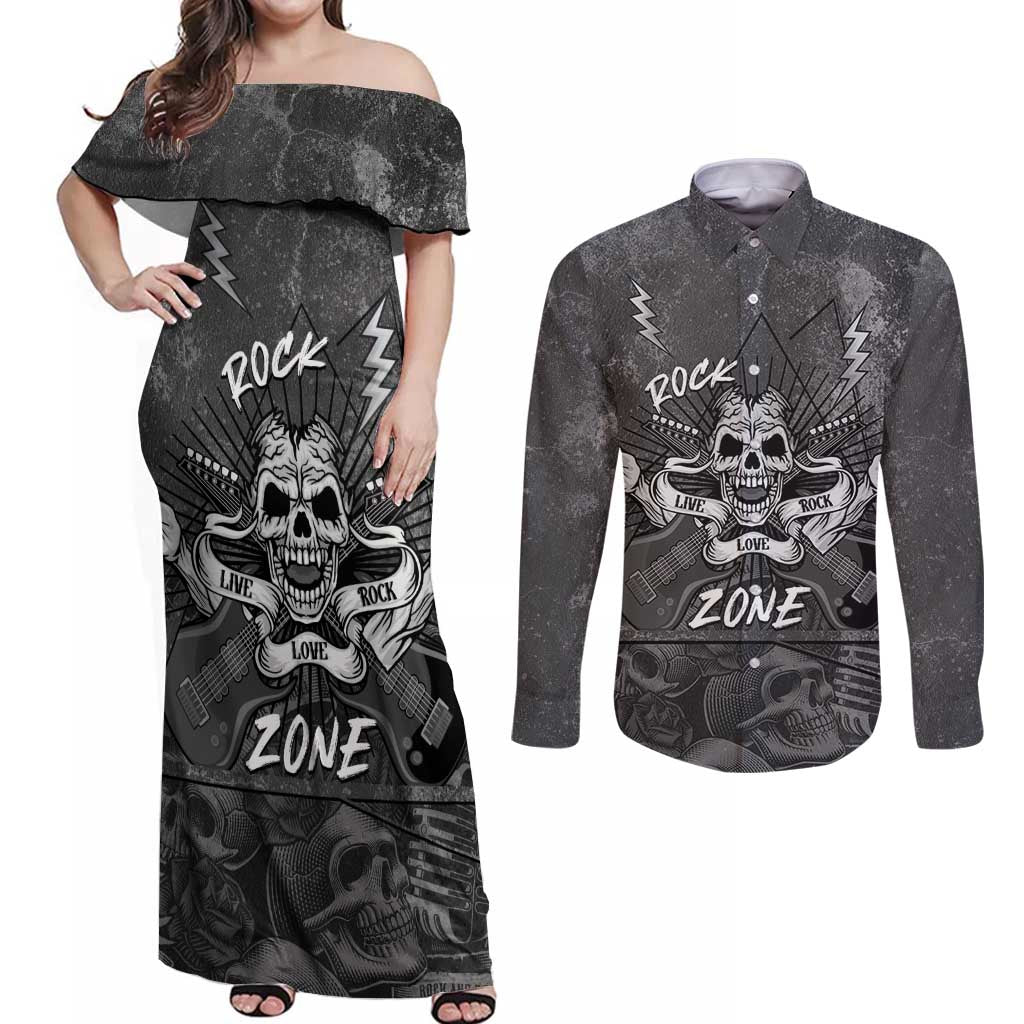 Live Love Rock Skull Couples Matching Off Shoulder Maxi Dress and Long Sleeve Button Shirt Retro Grunge Style - Wonder Print Shop