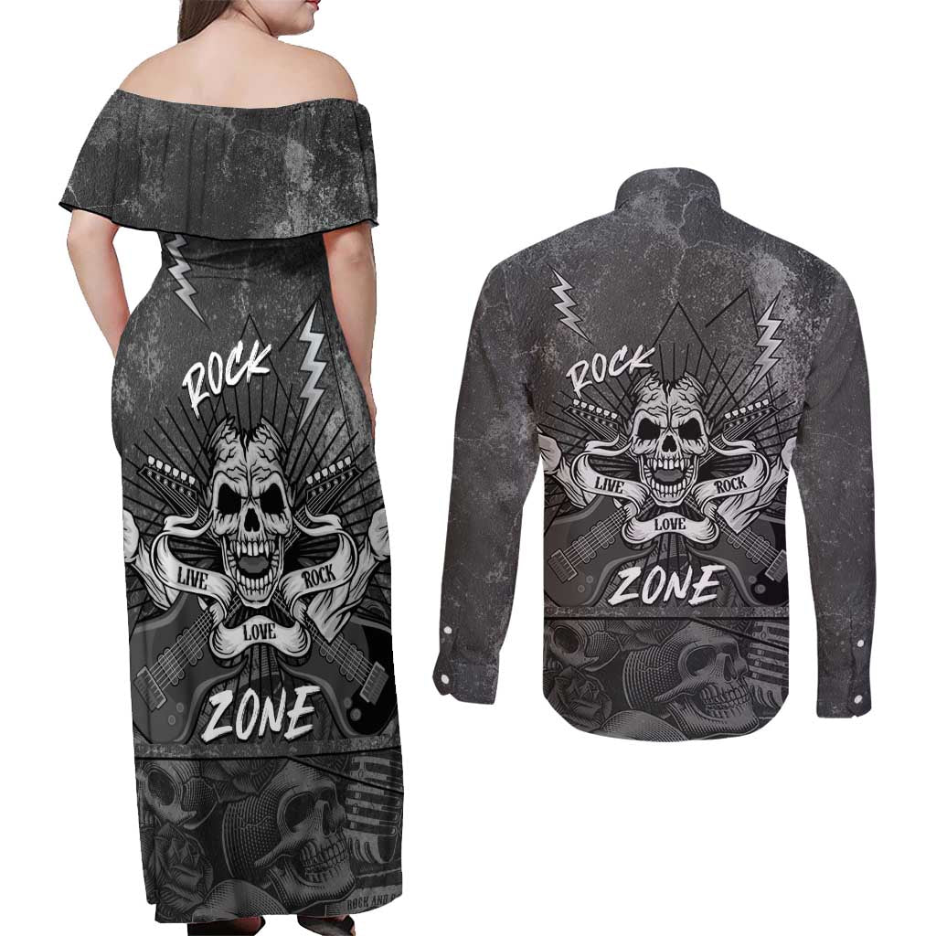 Live Love Rock Skull Couples Matching Off Shoulder Maxi Dress and Long Sleeve Button Shirt Retro Grunge Style - Wonder Print Shop