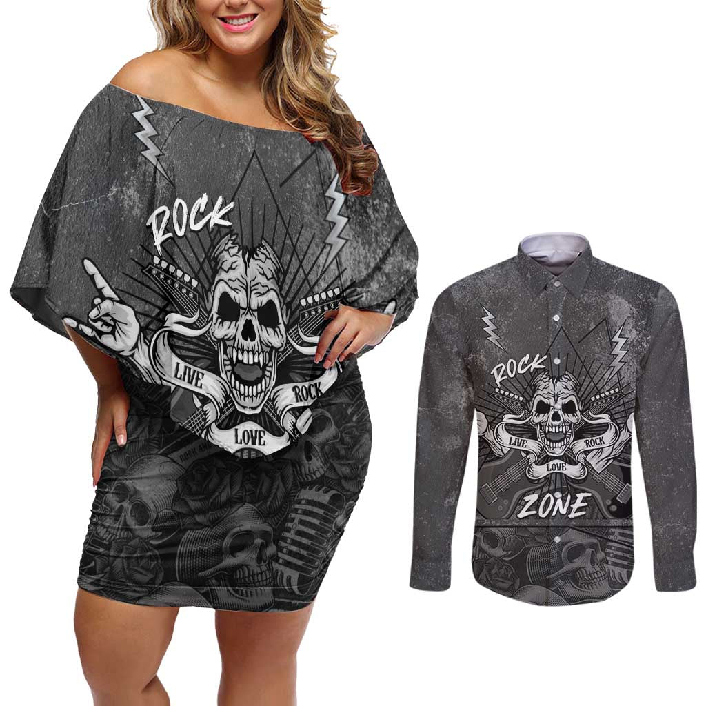 Live Love Rock Skull Couples Matching Off Shoulder Short Dress and Long Sleeve Button Shirt Retro Grunge Style - Wonder Print Shop
