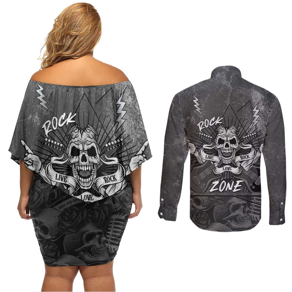 Live Love Rock Skull Couples Matching Off Shoulder Short Dress and Long Sleeve Button Shirt Retro Grunge Style - Wonder Print Shop