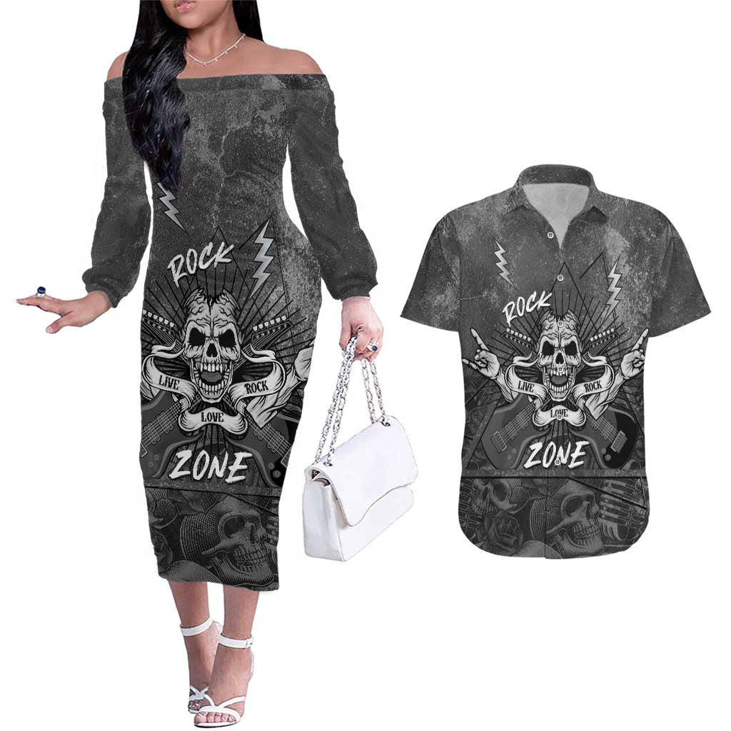 Live Love Rock Skull Couples Matching Off The Shoulder Long Sleeve Dress and Hawaiian Shirt Retro Grunge Style - Wonder Print Shop