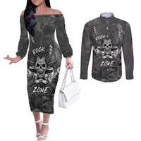 Live Love Rock Skull Couples Matching Off The Shoulder Long Sleeve Dress and Long Sleeve Button Shirt Retro Grunge Style - Wonder Print Shop