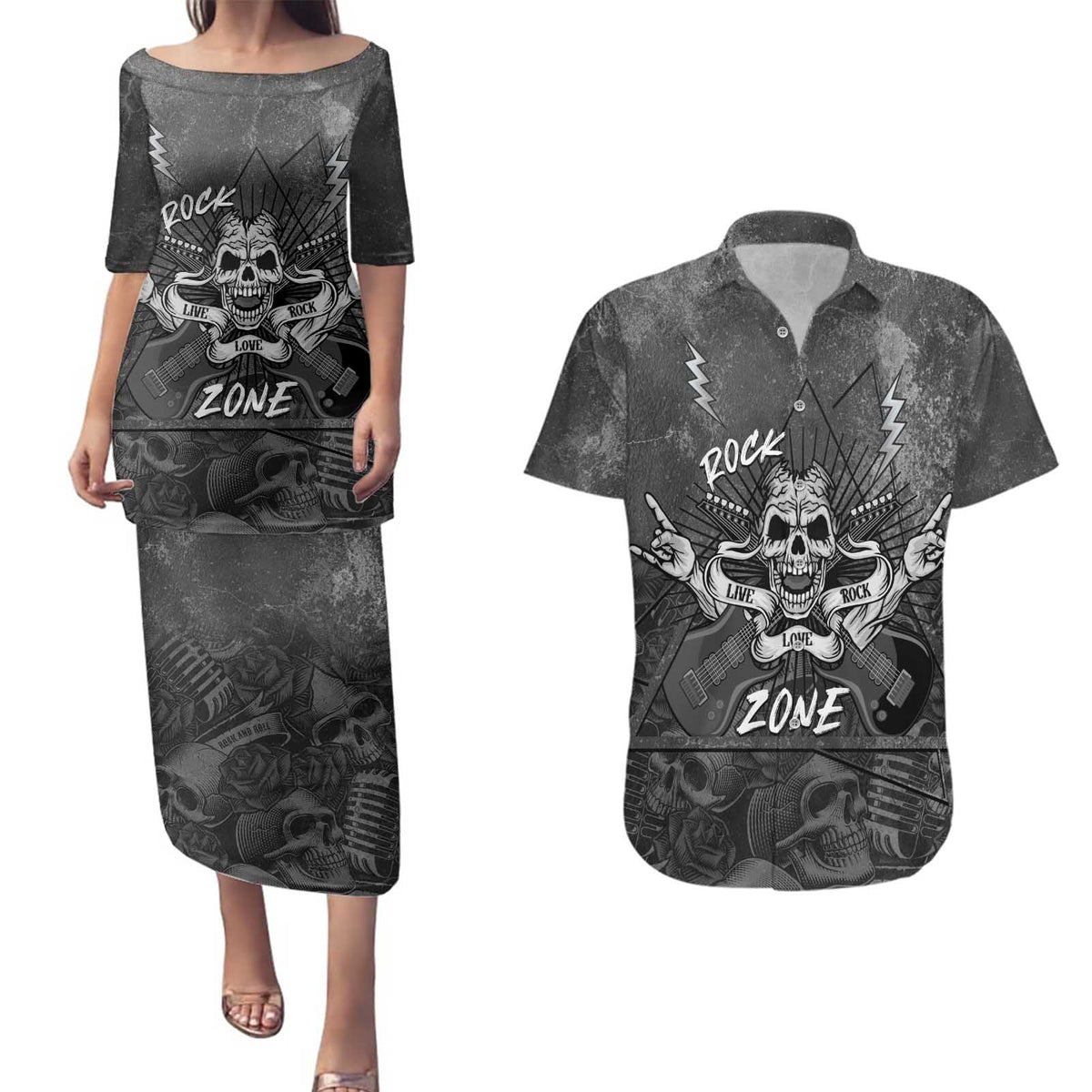 Live Love Rock Skull Couples Matching Puletasi and Hawaiian Shirt Retro Grunge Style - Wonder Print Shop