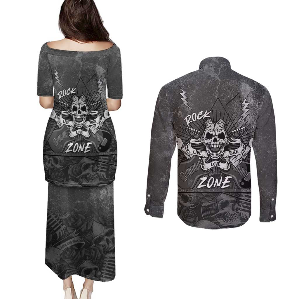 Live Love Rock Skull Couples Matching Puletasi and Long Sleeve Button Shirt Retro Grunge Style - Wonder Print Shop