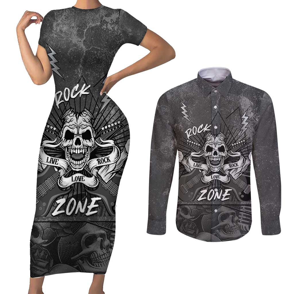 Live Love Rock Skull Couples Matching Short Sleeve Bodycon Dress and Long Sleeve Button Shirt Retro Grunge Style - Wonder Print Shop