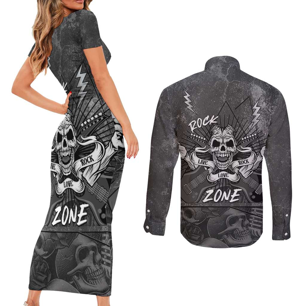 Live Love Rock Skull Couples Matching Short Sleeve Bodycon Dress and Long Sleeve Button Shirt Retro Grunge Style - Wonder Print Shop