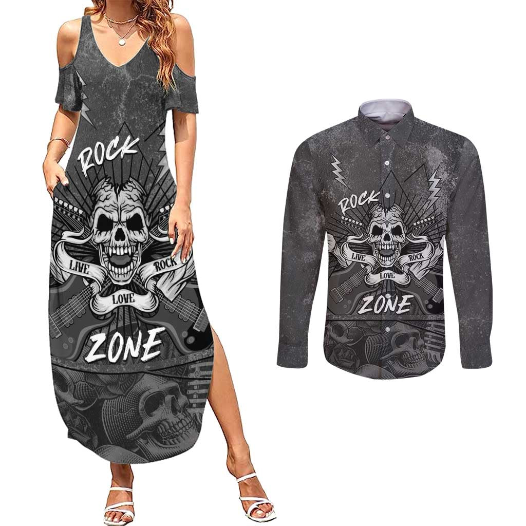 Live Love Rock Skull Couples Matching Summer Maxi Dress and Long Sleeve Button Shirt Retro Grunge Style - Wonder Print Shop