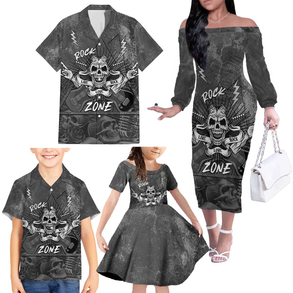 Live Love Rock Skull Family Matching Off The Shoulder Long Sleeve Dress and Hawaiian Shirt Retro Grunge Style - Wonder Print Shop