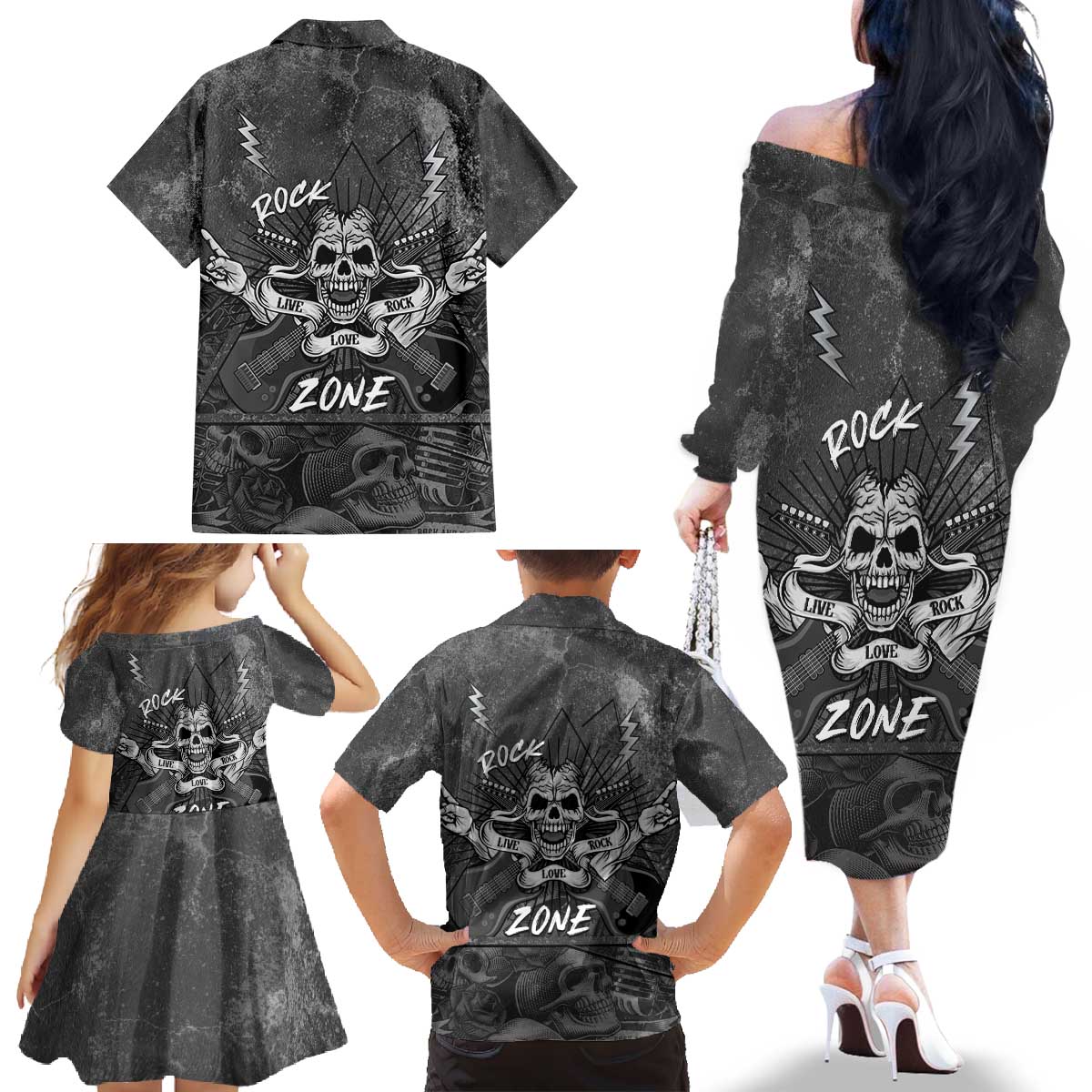 Live Love Rock Skull Family Matching Off The Shoulder Long Sleeve Dress and Hawaiian Shirt Retro Grunge Style - Wonder Print Shop