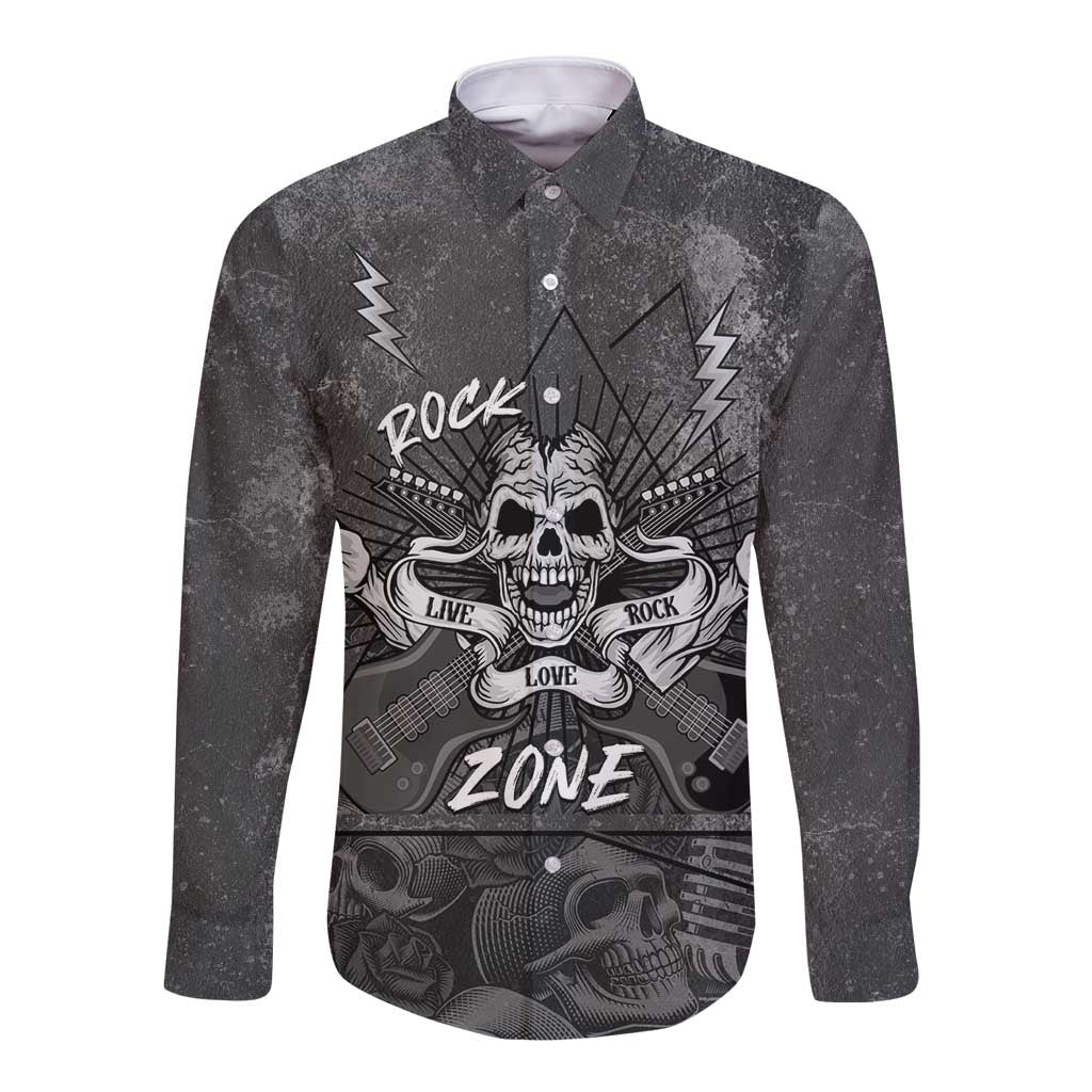 Live Love Rock Skull Long Sleeve Button Shirt Retro Grunge Style - Wonder Print Shop
