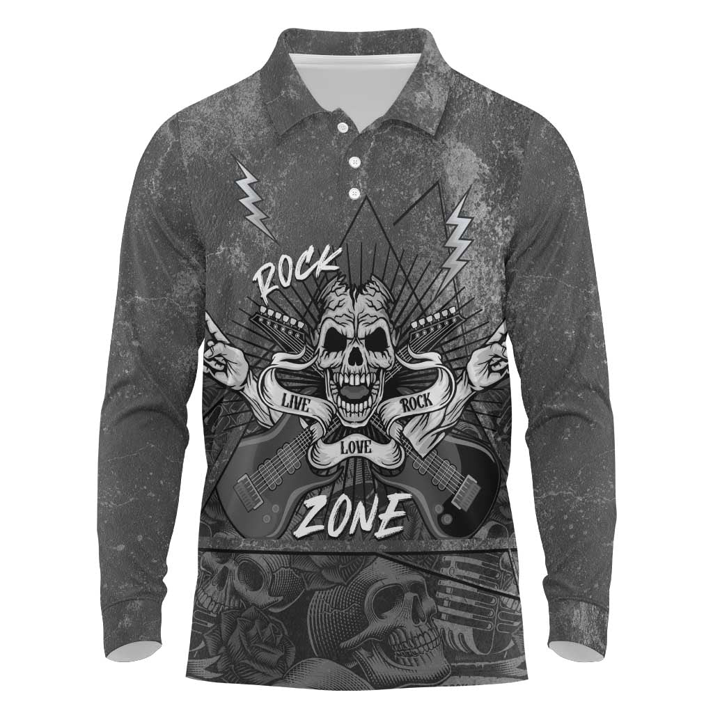 Live Love Rock Skull Long Sleeve Polo Shirt Retro Grunge Style - Wonder Print Shop