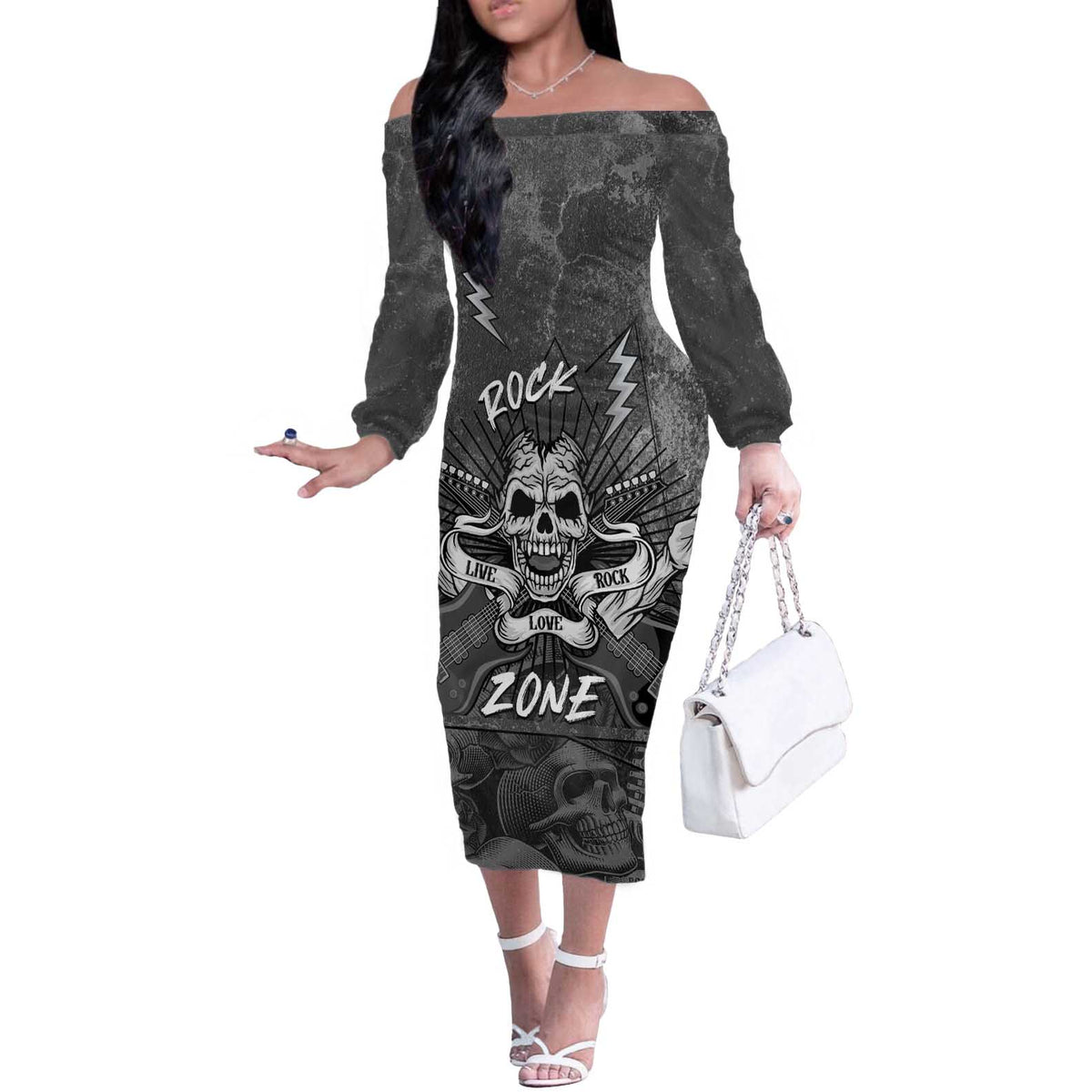 Live Love Rock Skull Off The Shoulder Long Sleeve Dress Retro Grunge Style - Wonder Print Shop