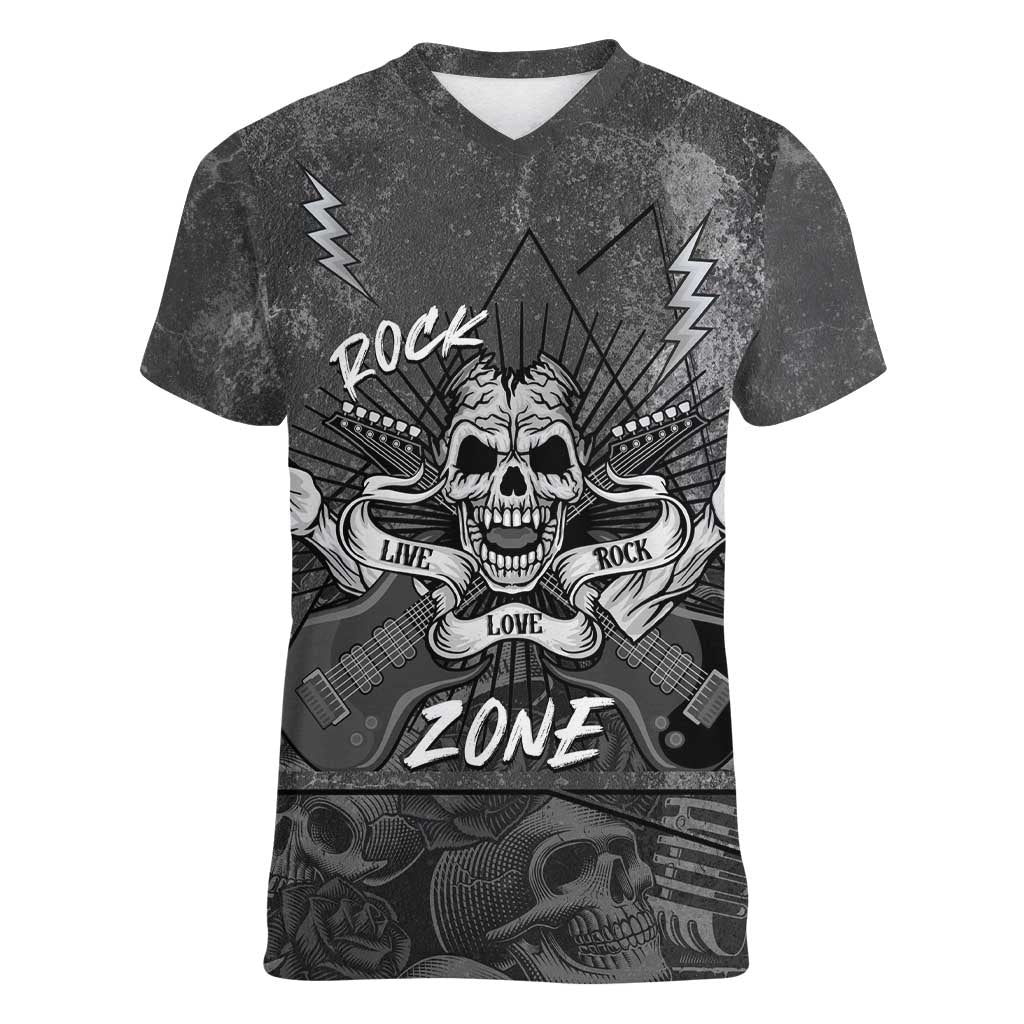 Live Love Rock Skull Women V-Neck T-Shirt Retro Grunge Style - Wonder Print Shop