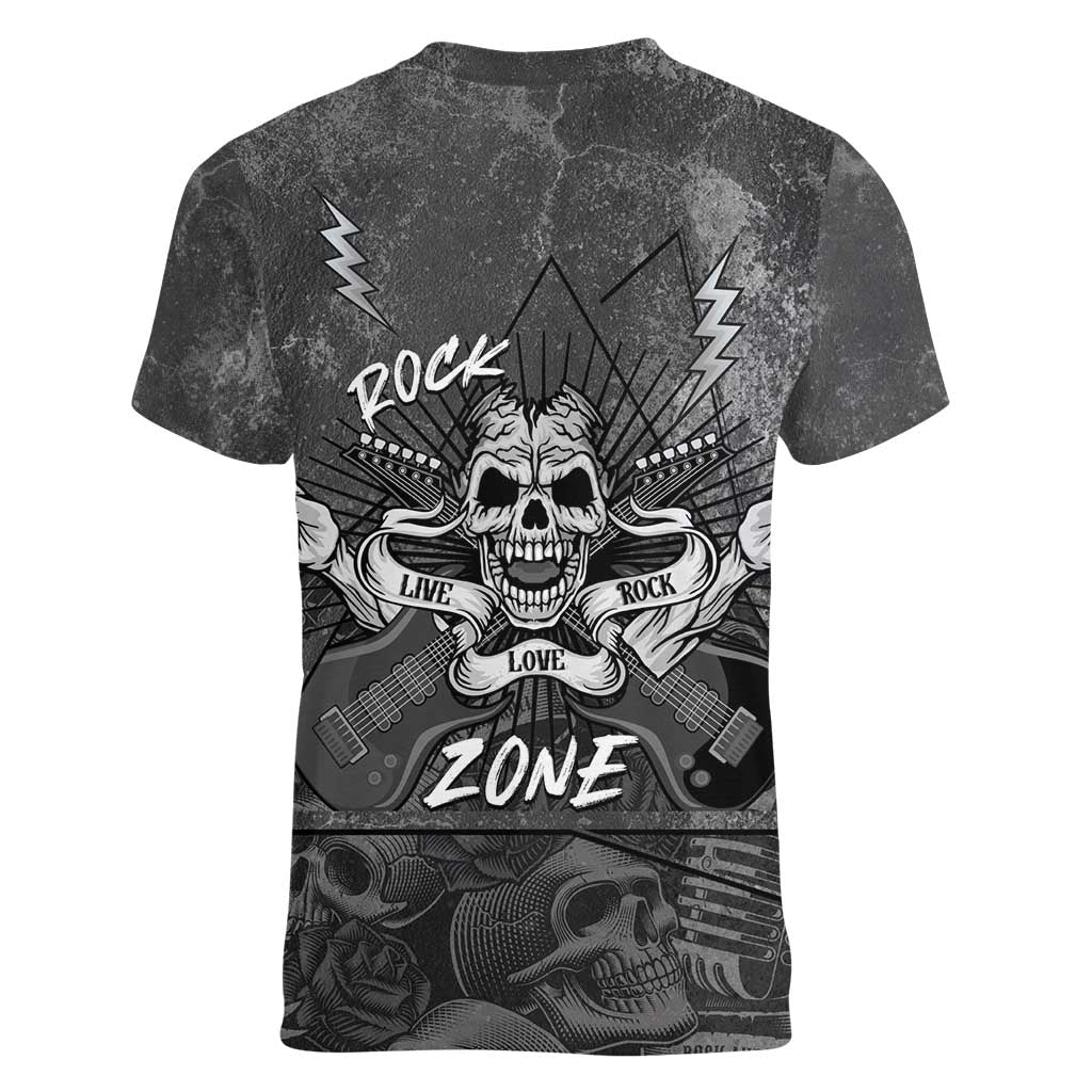 Live Love Rock Skull Women V-Neck T-Shirt Retro Grunge Style - Wonder Print Shop