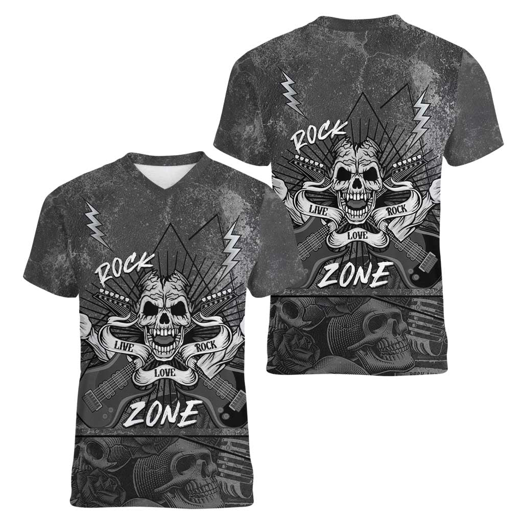 Live Love Rock Skull Women V-Neck T-Shirt Retro Grunge Style - Wonder Print Shop