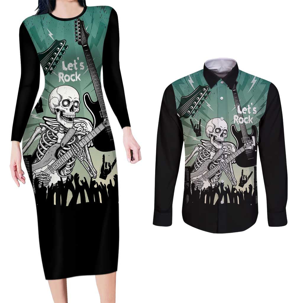 Electric Guitar Skull Couples Matching Long Sleeve Bodycon Dress and Long Sleeve Button Shirt Lets Rock - Wonder Print Shop