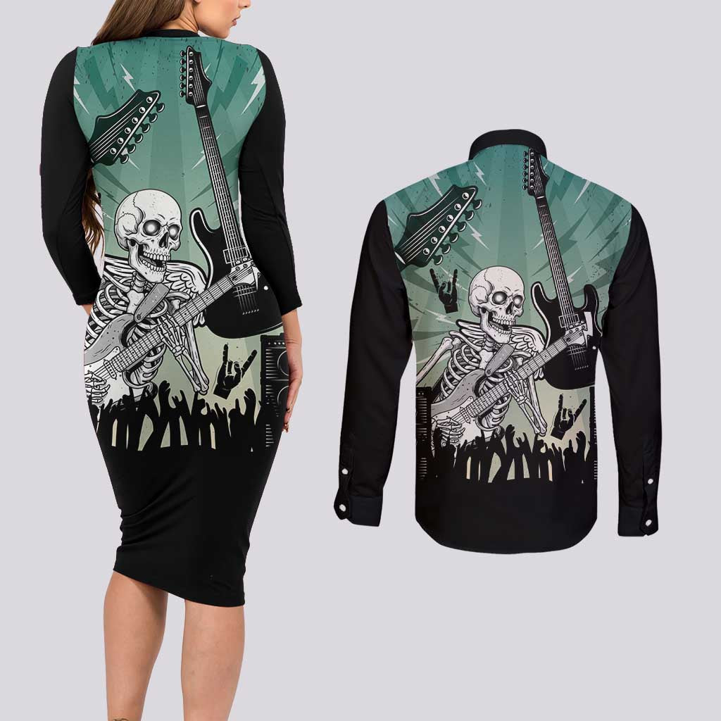 Electric Guitar Skull Couples Matching Long Sleeve Bodycon Dress and Long Sleeve Button Shirt Lets Rock - Wonder Print Shop