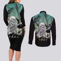 Electric Guitar Skull Couples Matching Long Sleeve Bodycon Dress and Long Sleeve Button Shirt Lets Rock - Wonder Print Shop
